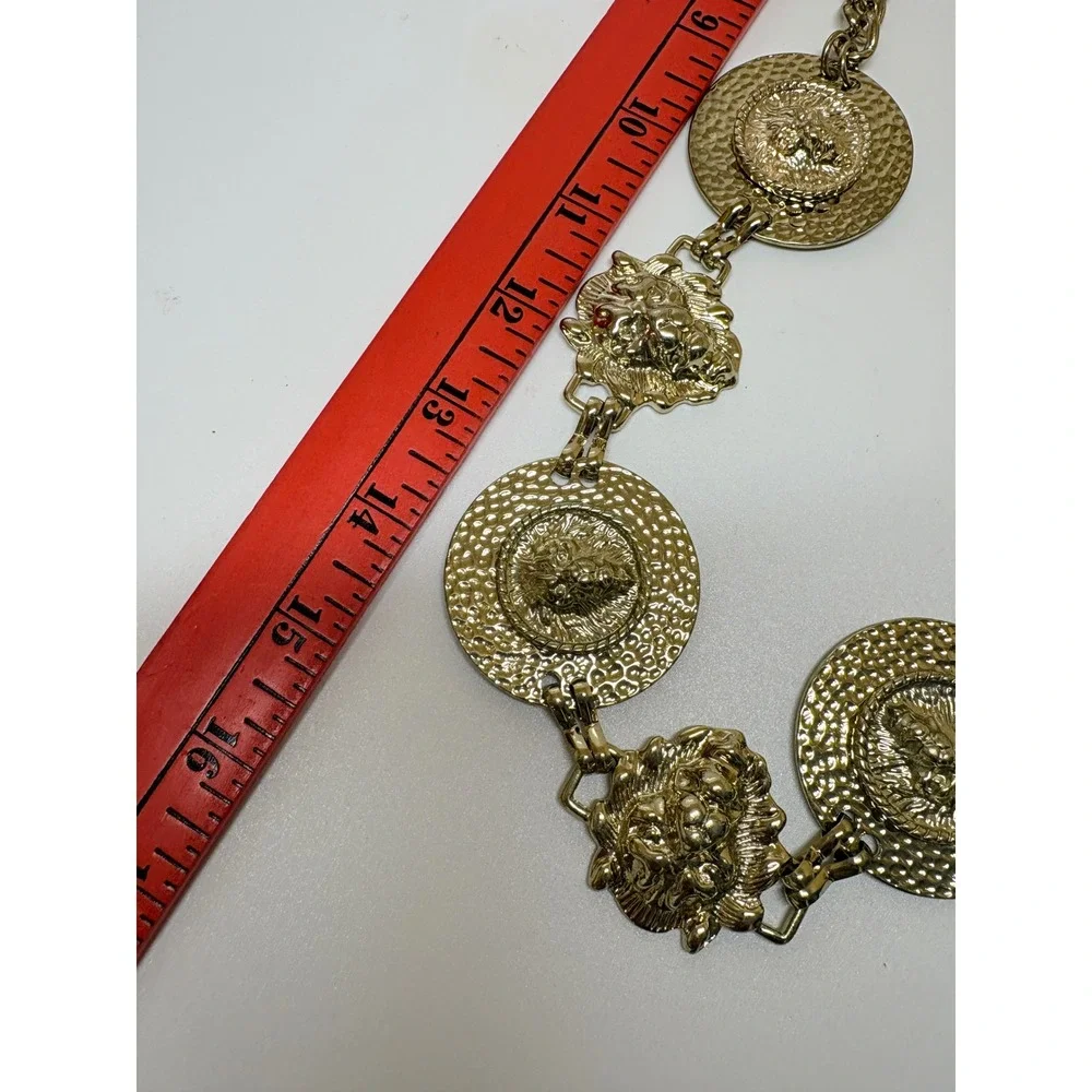 Vintage Gold Tone Lion Head Medallion Chain Belt Necklace Hammered Coin  36in